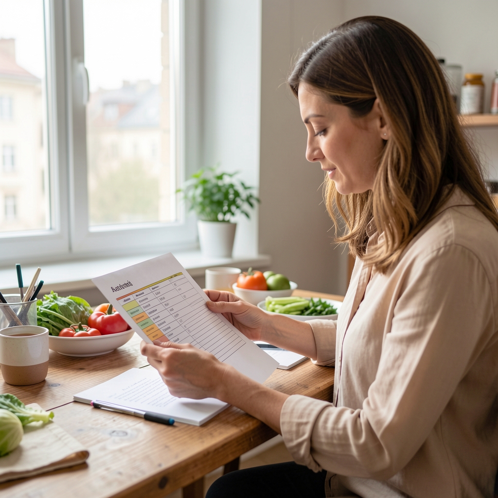 A qualified nutrition specialist reviewing a seasonal food intake log document at a wooden desk in a bright Bucharest studio workspace