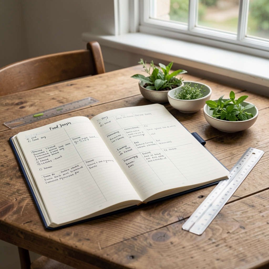 Open food journal on a wooden desk with handwritten seven-day intake records, a ruler, and small bowls of fresh herbs beside a window with natural light