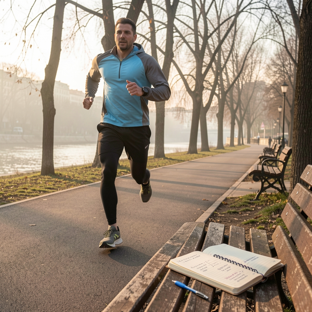 A person running along a Bucharest riverside park path in early morning light with fitness tracking notes visible in a worn notebook placed on a park bench nearby